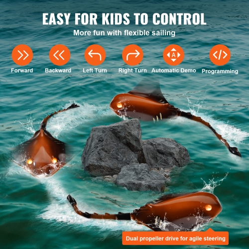 VEVOR Remote Control Manta Ray Toy, 2.4GHz High Simulation Robot Manta Ray with Light, 2 Rechargeable Batteries, for Pool, Bathtub or Lake, for 6+