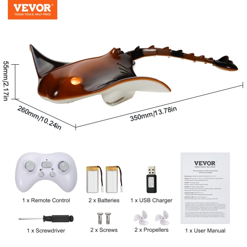 VEVOR Remote Control Manta Ray Toy, 2.4GHz High Simulation Robot Manta Ray with Light, 2 Rechargeable Batteries, for Pool, Bathtub or Lake, for 6+