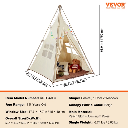 VEVOR Kids Play Tent, Teepee Tent for Kids 1-5 Years Old, Foldable Toddler Tent with Mat and Carrying Bag, Tent for Kids with Windows , Kids Tent for