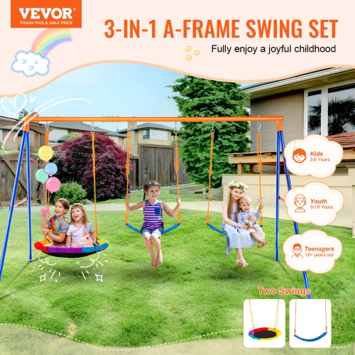 VEVOR Swing Sets for Backyard, 600lbs Load Capacity Swing Set, with 1 Saucer Swing Seat, 2 Belt Swing Seats, Heavy Duty A-Frame Metal Swing Stand and