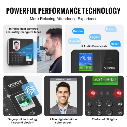 VEVOR 5 RFID Cards & USB Drive, Time Clocks for Employees Business with Face,Fingerprint,RFID and PIN Punching in One, Biometric Time Clock Automatic