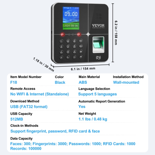 VEVOR 5 RFID Cards & USB Drive, Time Clocks for Employees Business with Face,Fingerprint,RFID and PIN Punching in One, Biometric Time Clock Automatic
