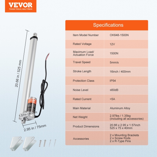VEVOR 12V Linear Actuator , 16 Inch High Load 330lbs/1500N Linear Actuator, 0.19"/s Linear Motion Actuator with Mounting Bracket and IP54 Protection