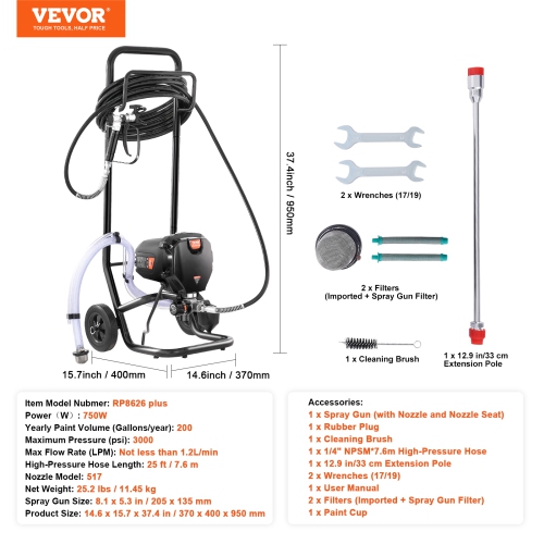 VEVOR 750W 3000PSI Stand Airless Paint Sprayer, High Efficiency Electric Airless Sprayer With Cart, Fine And Even Painting Effect, Paint Sprayers for