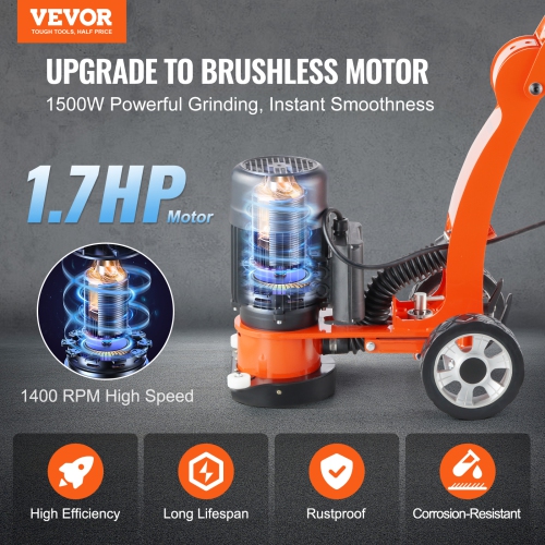 VEVOR 7" Electric Concrete Floor Grinder ,Walk-Behind Grinder 1.7HP Concrete Floor Polisher, 1300W Grinding Machine, 1720RPM Upgrade Brushless Motor