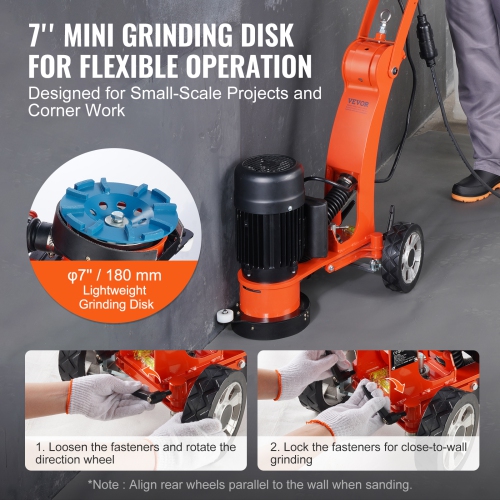 VEVOR 7" Electric Concrete Floor Grinder ,Walk-Behind Grinder 1.7HP Concrete Floor Polisher, 1300W Grinding Machine, 1720RPM Upgrade Brushless Motor