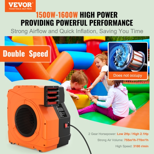 VEVOR 1500W Inflatable Blower, 2 & 2.1 HP Bounce House Blower, Pump Commercial Air Blower for Inflatables, 3100 RPM Bouncy Castle Electric Fan,