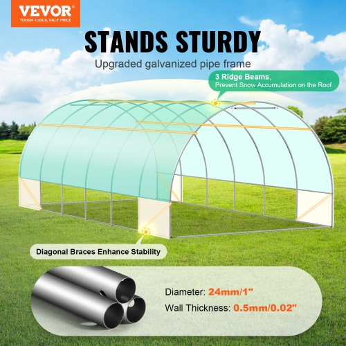 VEVOR 19.4x9.7x6.5 ft Walk-in Tunnel Greenhouse, Hoop House Greenhouse Tunnel, Plant Hot House with Galvanized Steel Frame, Green PE Cover, Roll-up