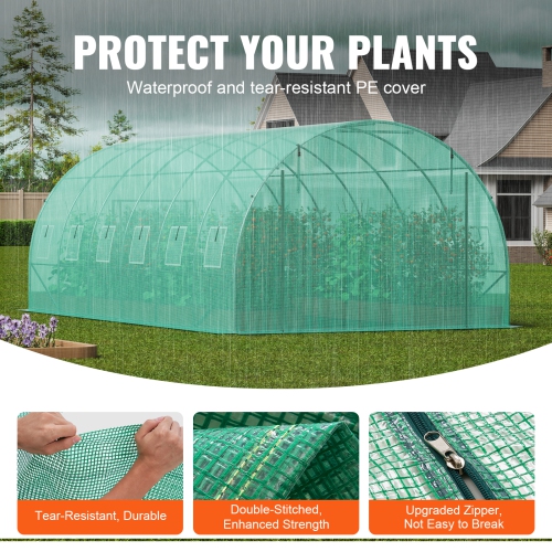 VEVOR 19.4x9.7x6.5 ft Walk-in Tunnel Greenhouse, Hoop House Greenhouse Tunnel, Plant Hot House with Galvanized Steel Frame, Green PE Cover, Roll-up