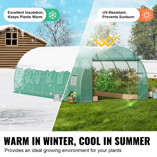 VEVOR 19.4x9.7x6.5 ft Walk-in Tunnel Greenhouse, Hoop House Greenhouse Tunnel, Plant Hot House with Galvanized Steel Frame, Green PE Cover, Roll-up