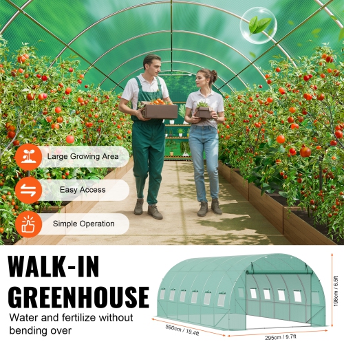 VEVOR 19.4x9.7x6.5 ft Walk-in Tunnel Greenhouse, Hoop House Greenhouse Tunnel, Plant Hot House with Galvanized Steel Frame, Green PE Cover, Roll-up