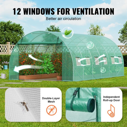 VEVOR 19.4x9.7x6.5 ft Walk-in Tunnel Greenhouse, Hoop House Greenhouse Tunnel, Plant Hot House with Galvanized Steel Frame, Green PE Cover, Roll-up
