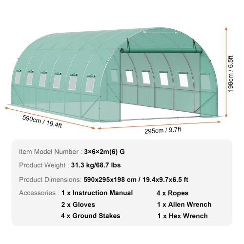 VEVOR 19.4x9.7x6.5 ft Walk-in Tunnel Greenhouse, Hoop House Greenhouse Tunnel, Plant Hot House with Galvanized Steel Frame, Green PE Cover, Roll-up