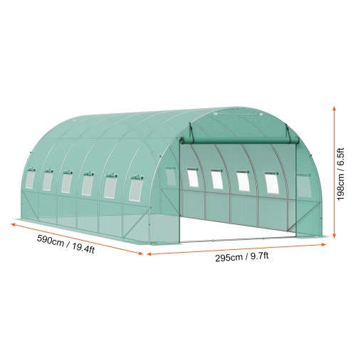 VEVOR 19.4x9.7x6.5 ft Walk-in Tunnel Greenhouse, Hoop House Greenhouse Tunnel, Plant Hot House with Galvanized Steel Frame, Green PE Cover, Roll-up