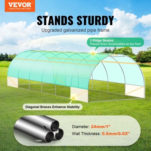 VEVOR 29.2x9.7x6.5 ft Walk-in Tunnel Greenhouse, Hoop House Greenhouse Tunnel, Plant Hot House with Galvanized Steel Frame, Green PE Cover, Roll-up