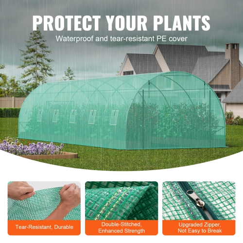 VEVOR 29.2x9.7x6.5 ft Walk-in Tunnel Greenhouse, Hoop House Greenhouse Tunnel, Plant Hot House with Galvanized Steel Frame, Green PE Cover, Roll-up