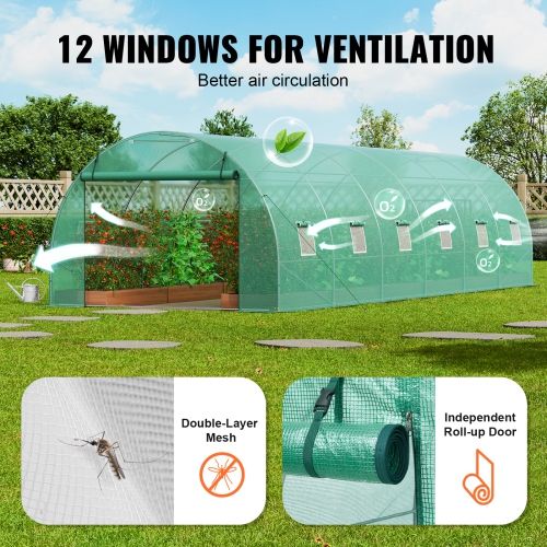VEVOR 29.2x9.7x6.5 ft Walk-in Tunnel Greenhouse, Hoop House Greenhouse Tunnel, Plant Hot House with Galvanized Steel Frame, Green PE Cover, Roll-up