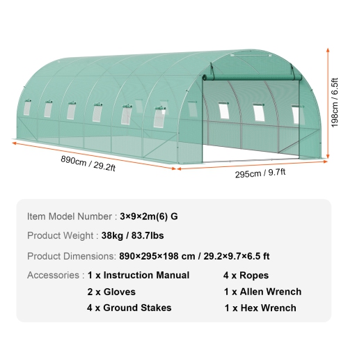 VEVOR 29.2x9.7x6.5 ft Walk-in Tunnel Greenhouse, Hoop House Greenhouse Tunnel, Plant Hot House with Galvanized Steel Frame, Green PE Cover, Roll-up