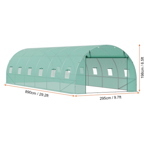 VEVOR 29.2x9.7x6.5 ft Walk-in Tunnel Greenhouse, Hoop House Greenhouse Tunnel, Plant Hot House with Galvanized Steel Frame, Green PE Cover, Roll-up