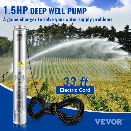VEVOR Deep Well Submersible Pump, 1.5HP 230V/60Hz, 37gpm 276ft Head, with 33ft Electric Cord, 4 Stainless Steel Water Pumps for Industrial,