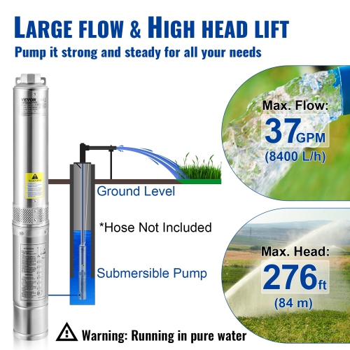 VEVOR Deep Well Submersible Pump, 1.5HP 230V/60Hz, 37gpm 276ft Head, with 33ft Electric Cord, 4 Stainless Steel Water Pumps for Industrial,