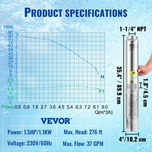 VEVOR Deep Well Submersible Pump, 1.5HP 230V/60Hz, 37gpm 276ft Head, with 33ft Electric Cord, 4 Stainless Steel Water Pumps for Industrial,