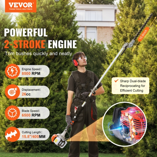 VEVOR 15.7inch 26CC 2 Cycle Gas Hedge Trimmer, Gas Powered Pole Hedge Trimmer with Dual Sided Dual Action Blade, 270° Adjustable Trimmer Head,