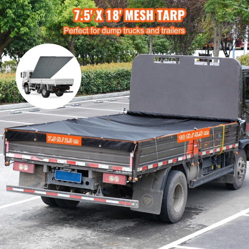 VEVOR 7.5x18 ft Dump Truck Mesh Tarp, PVC Coated Black Heavy Duty Cover with 5.5" 18oz Double Pocket, Brass Grommets, Reinforced Double Needle Stitch