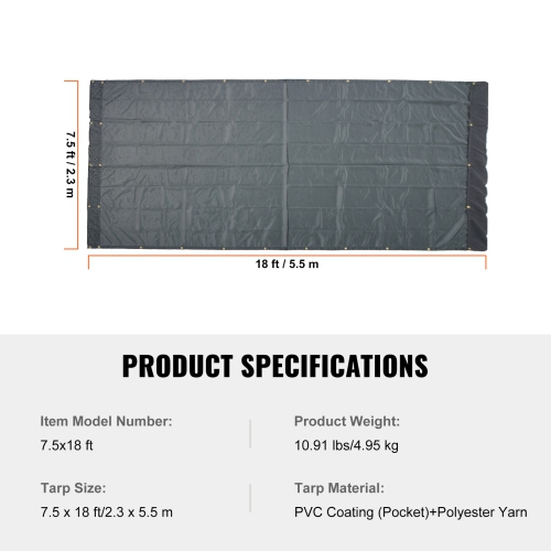 VEVOR 7.5x18 ft Dump Truck Mesh Tarp, PVC Coated Black Heavy Duty Cover with 5.5" 18oz Double Pocket, Brass Grommets, Reinforced Double Needle Stitch
