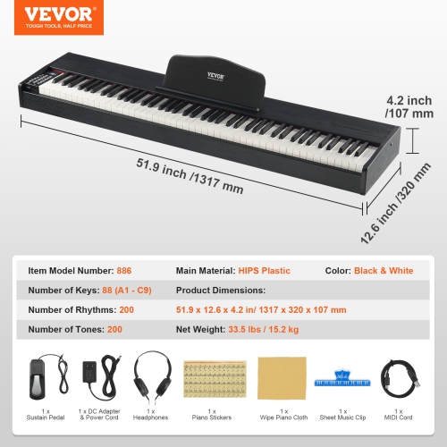 VEVOR 88 Key Weighted Digital Piano, Electric Piano Dual Keyboard & Speakers with Sustain Pedal Headphone 200 Tones & Rhythms, Support