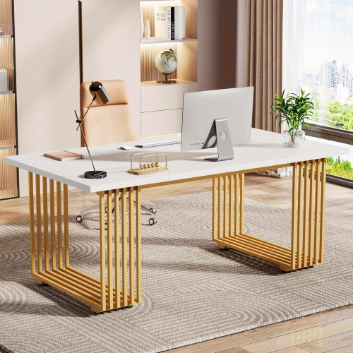 LANTINE  70.9" Modern Office Desk, Wooden Computer Desk Executive Desk \w Gold Metal Legs, Large Workstation for Home Office, Study Writing Desk