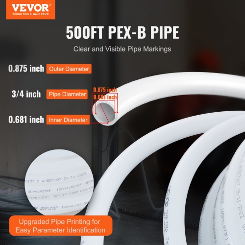 VEVOR 3/4 Inch PEX Pipe, 500 Feet Length PEX-B Pipe Tubing for Potable Water, Pex Water Lines for Hot/Cold Water & Easily Restore, Plumbing