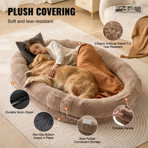 VEVOR 72" x48"x10" Human Dog Bed, Human Dog Bed for Adult, Human Size Dog Bed with Washable Faux Rabbit Fur Cover, Egg Orthopedic Foam, Storage