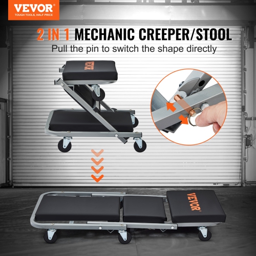 VEVOR Z-Creeper Seat, 2 in 1 Rolling Folding Car Creeper/Stool, 300 lbs Capacity Mechanic Creeper, Low Profile Creeper with 6 pcs Wheels for Garage,