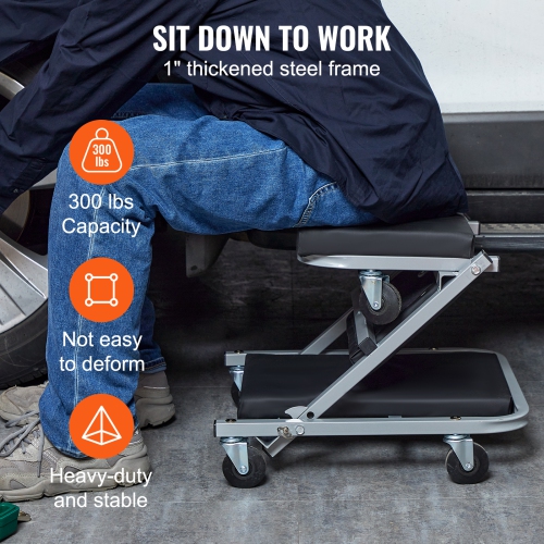 VEVOR Z-Creeper Seat, 2 in 1 Rolling Folding Car Creeper/Stool, 300 lbs Capacity Mechanic Creeper, Low Profile Creeper with 6 pcs Wheels for Garage,