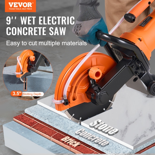VEVOR 9 in Electric Concrete Saw, 1800 W 15 A Motor Circular Saw Cutter with 3.5 in Cutting Depth, Wet/Dry Disk Saw Cutter Includes Water Line, Pump