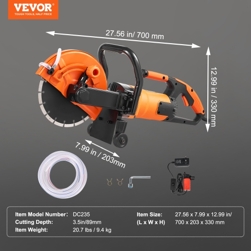 VEVOR 9 in Electric Concrete Saw, 1800 W 15 A Motor Circular Saw Cutter with 3.5 in Cutting Depth, Wet/Dry Disk Saw Cutter Includes Water Line, Pump