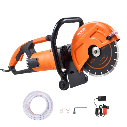 VEVOR 9 in Electric Concrete Saw, 1800 W 15 A Motor Circular Saw Cutter with 3.5 in Cutting Depth, Wet/Dry Disk Saw Cutter Includes Water Line, Pump