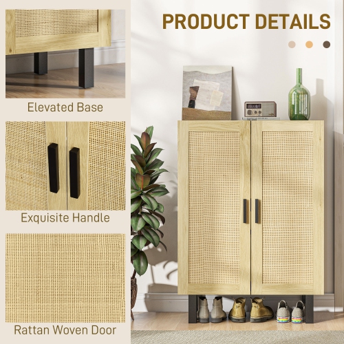 HOMCOM Boho Sideboard, Buffet Cabinet with Storage, 29" Coffee Bar Cabinet with Rattan Doors and Adjustable Shelves, Black and Natural