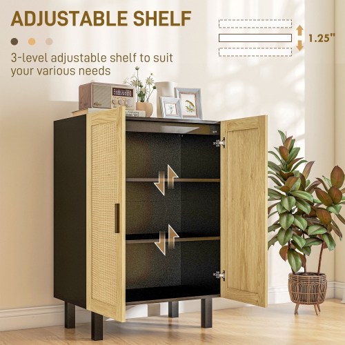 HOMCOM Boho Sideboard, Buffet Cabinet with Storage, 29" Coffee Bar Cabinet with Rattan Doors and Adjustable Shelves, Black and Natural