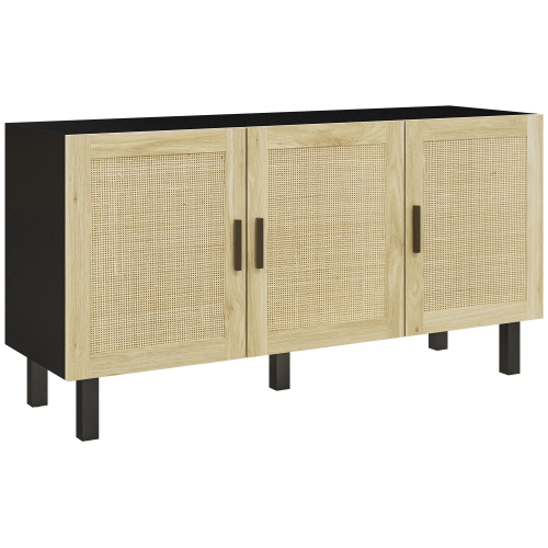 HOMCOM Boho Sideboard, Buffet Cabinet with Storage, 53" Coffee Bar Cabinet with Rattan Doors and Adjustable Shelves, Black and Natural