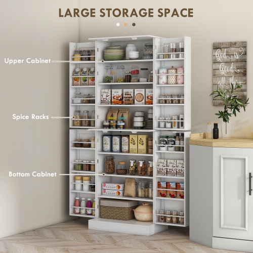 HOMCOM 65" Kitchen Pantry Cabinet, Modern Kitchen Pantry with Doors and Shelves, Freestanding Buffet Storage Cabinet with Spice Racks for Dining