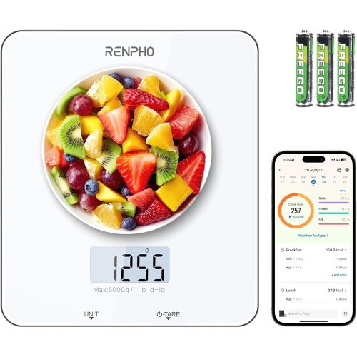 Image 1 de 5.. RENPHO Food Scale, Kitchen Scale for Food Ounces and Grams, Smart Cooking and Coffee Scale with Timer, Nutritional Calculator for Keto, Macro, and