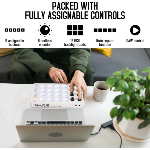 M-WAVE Midi Controller - Bluetooth USB Pad - 16 Drum Pads, 8 Knobs, Rechargeable - White