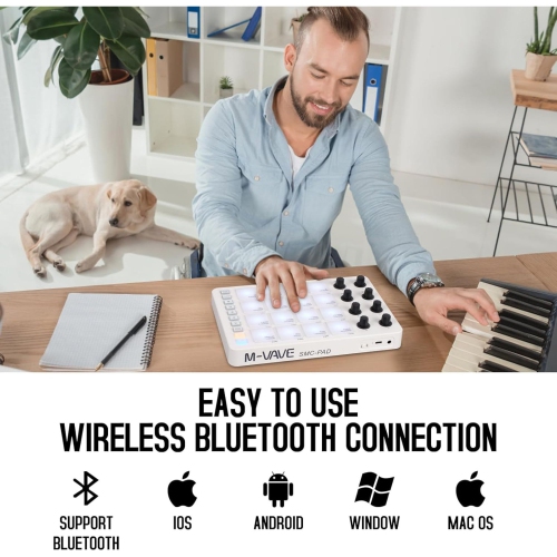 M-WAVE Midi Controller - Bluetooth USB Pad - 16 Drum Pads, 8 Knobs, Rechargeable - White