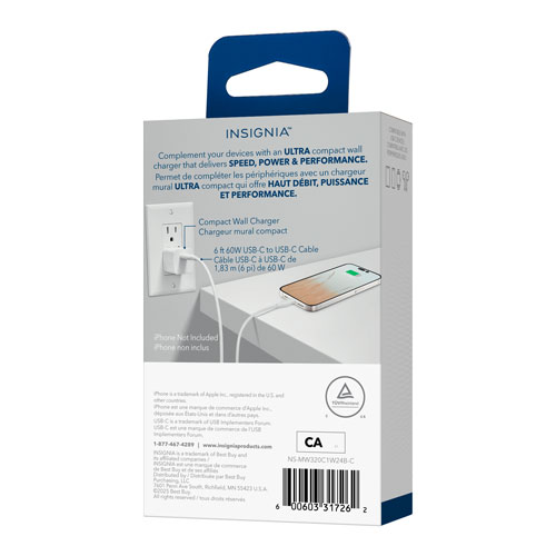 Trousse avec chargeur mural USB-C de 20 W d'Insignia (NS-MW320C1W24B-C) - Blanc - Exclusivité Best Buy