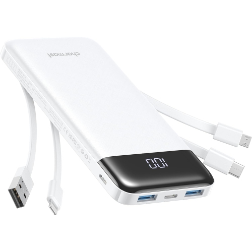 CHARMAST  Portable Charger w Built In Cables, Portable Charger w Cords Wires Slim 10000Mah Travel Battery Pack 6 Outputs 3 Inputs 3A Fast Charging