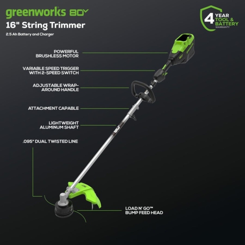 Greenworks 80V 16” Top Mount Attachment Capable Brushless String Trimmer, 2.5Ah Battery and Charger Included
