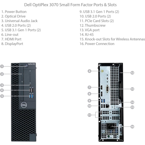 Dell OptiPlex 3070 SFF, Intel hexa Core i5-9500 jusqu'à 4,4&nbsp;GHz, 16&nbsp;Go RAM, SSD 256&nbsp;Go, Win 11 Pro, anglais/espagnol/français