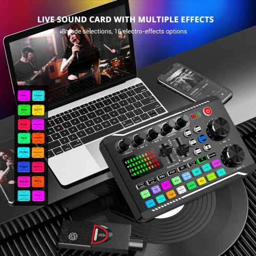 Live Sound Card Audio Mixer, Podcast Audio Interface with DJ Mixer Effects, Voice Changer with Sound Effects for Karaoke Tiktok YouTube Live